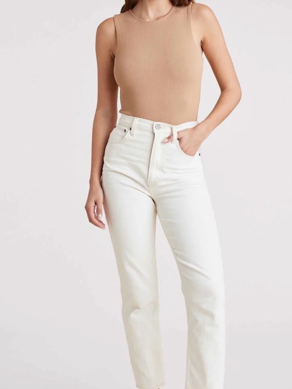 Nuuds Crew Neck Ribbed Tank Bodysuit in Tan - M